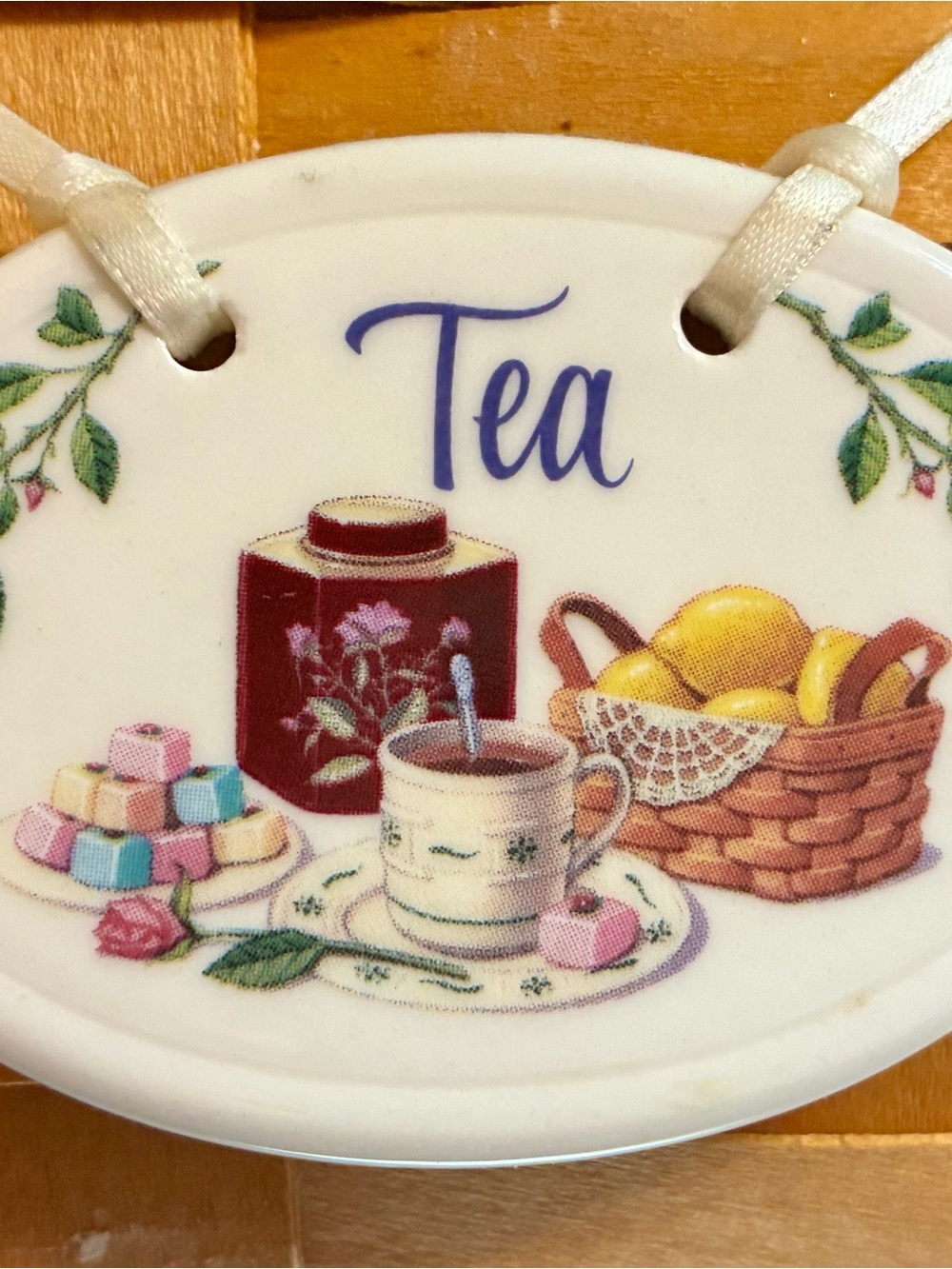 Longaberger White Ceramic Tea Plaque with Floral and Tea Motif - Picture 3 of 6